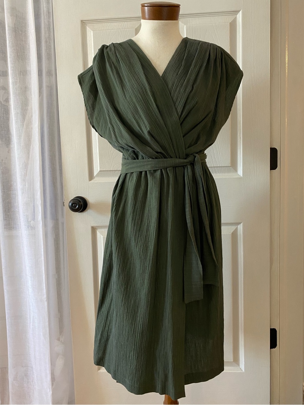 Olive Green Midi Wrap Dress with Tie Waist